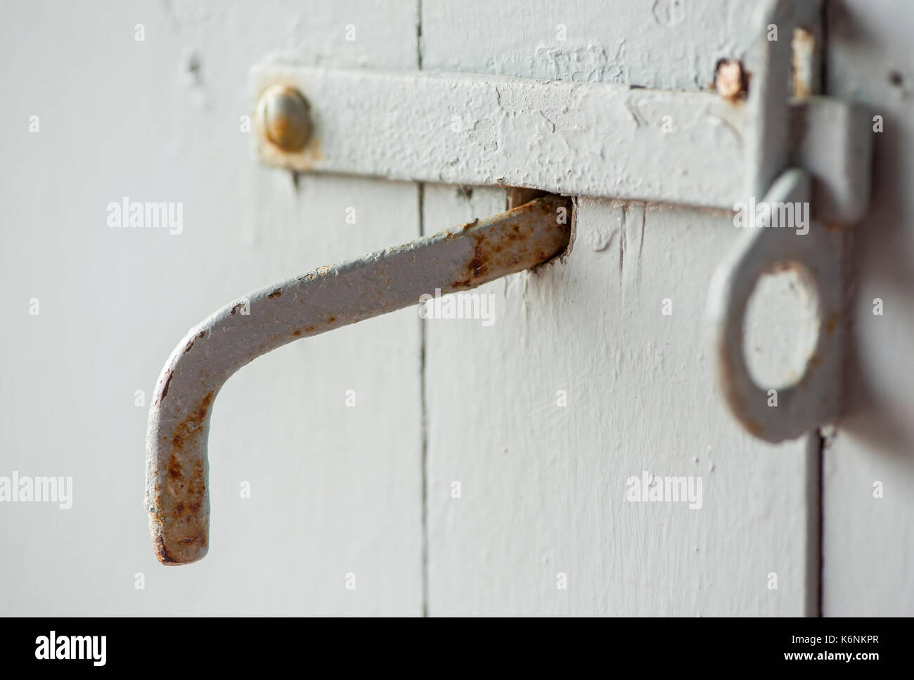 Verniciato grigio agriturismo fermo su una porta di legno. Foto Stock