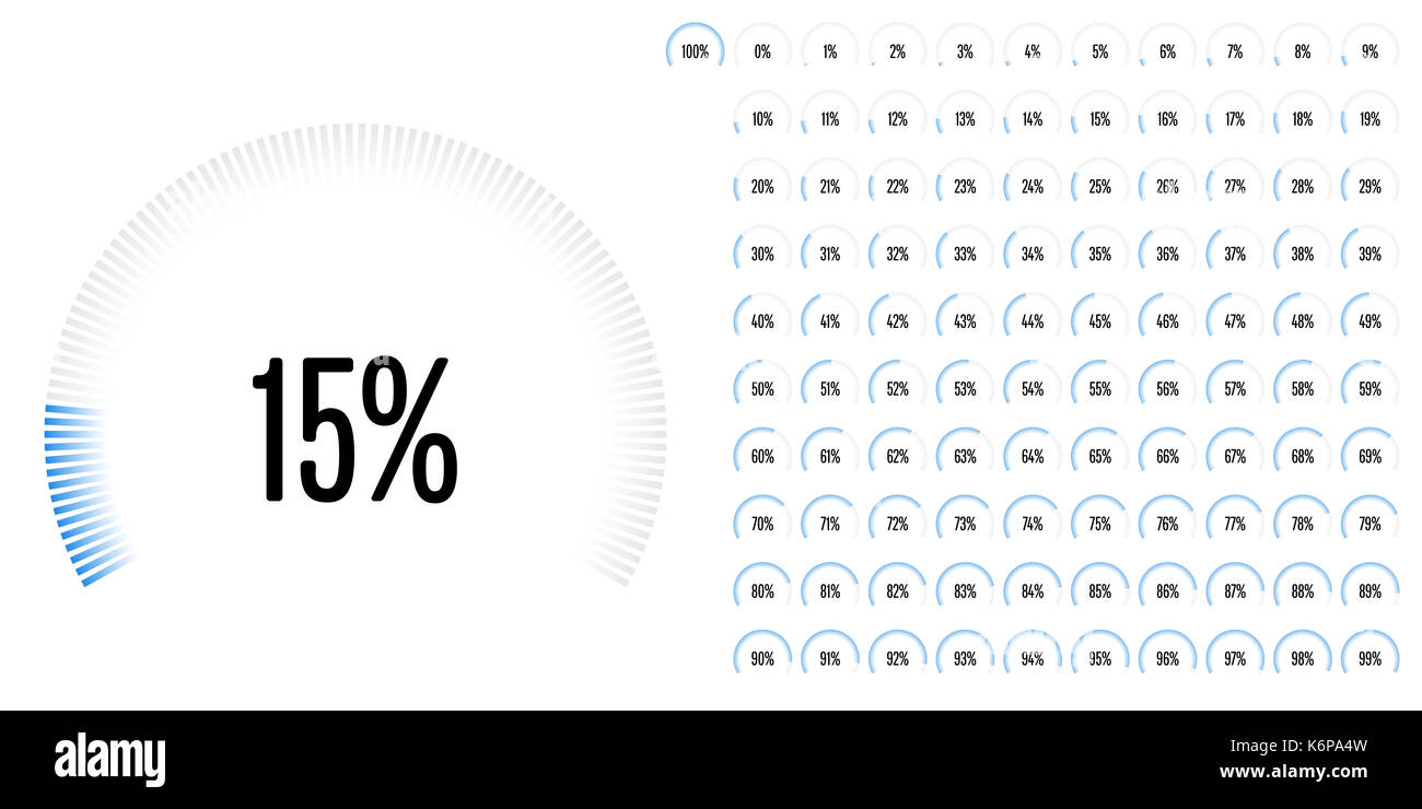 Set di settore circolare percentuale diagrammi da 0 a 100 pronto per l'uso per il web design, l'interfaccia utente (UI) o una infografica - indicatore con blu Foto Stock