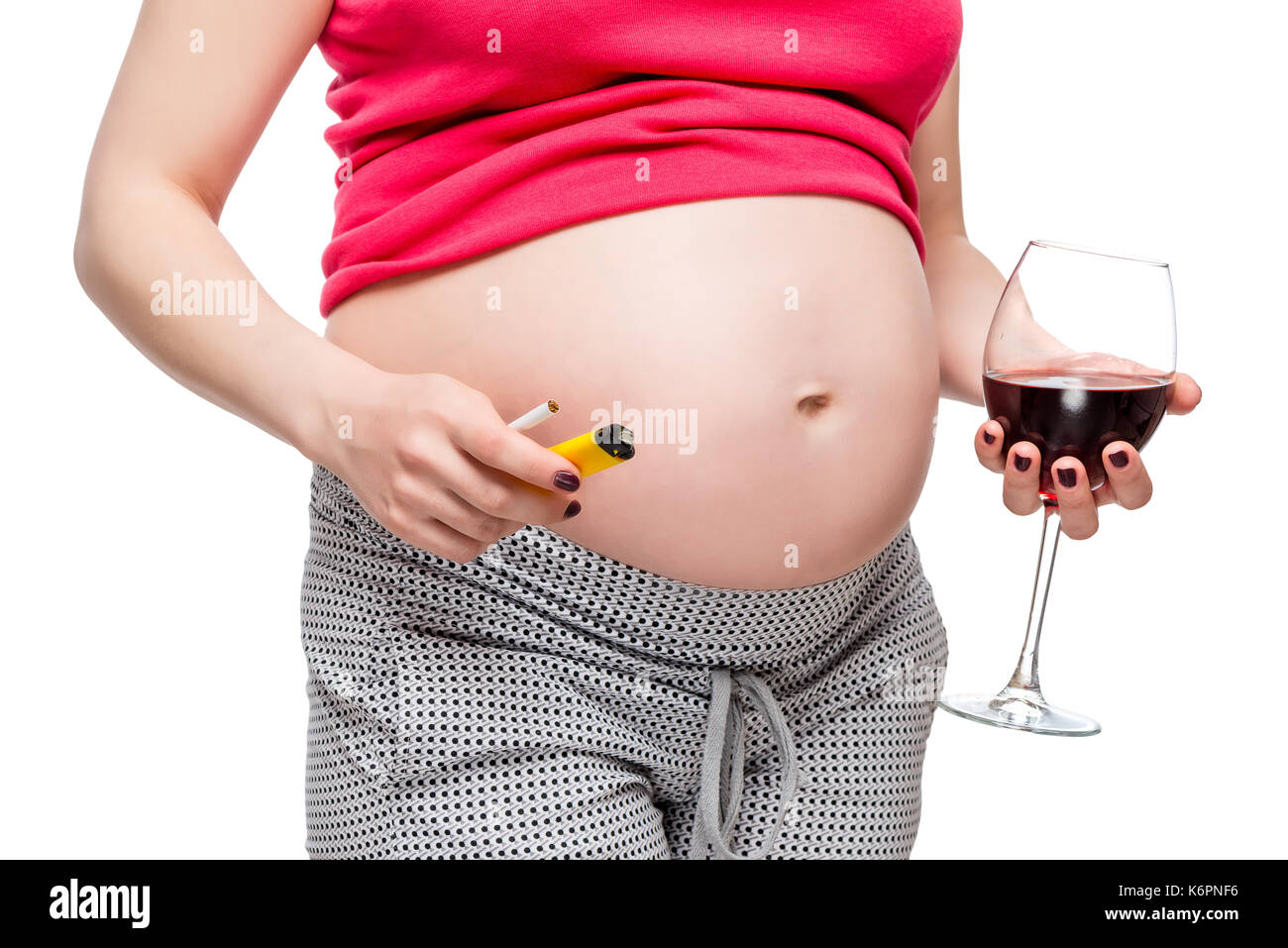 Le cattive abitudini di una donna in stato di gravidanza foto concettuale isolato Foto Stock