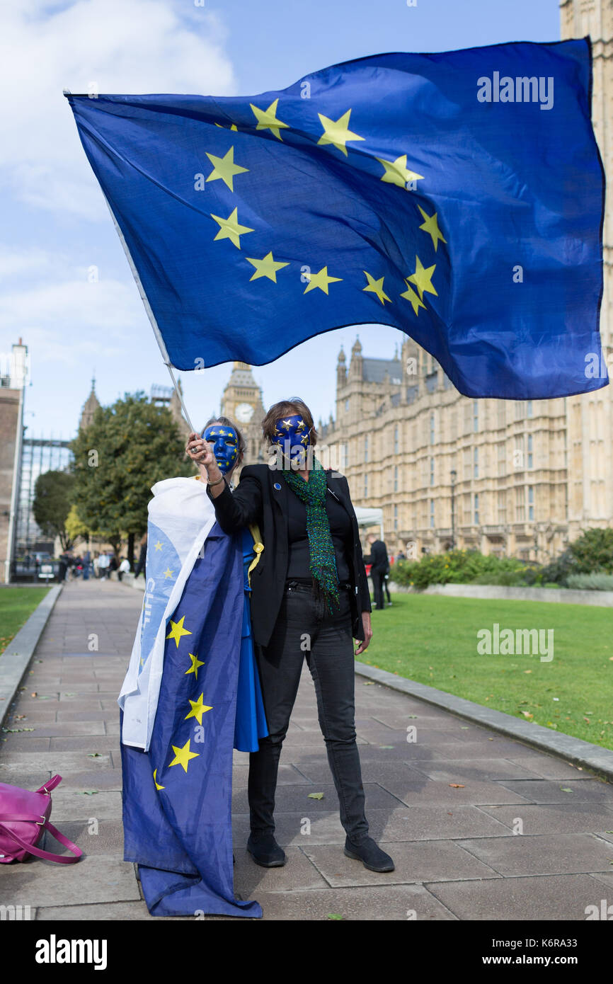 Londra, Regno Unito. Xiii Sep, 2017. pro-UE rimangono gli elettori sventolare la bandiera dell'UE al di fuori di westminster davanti al 3milioni citizenslobby17 Incontriamoci. Credito: radek bayek/alamy live news Foto Stock