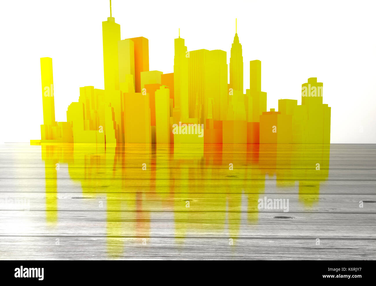 Il giallo dello skyline della città con legno lucido in primo piano Foto Stock