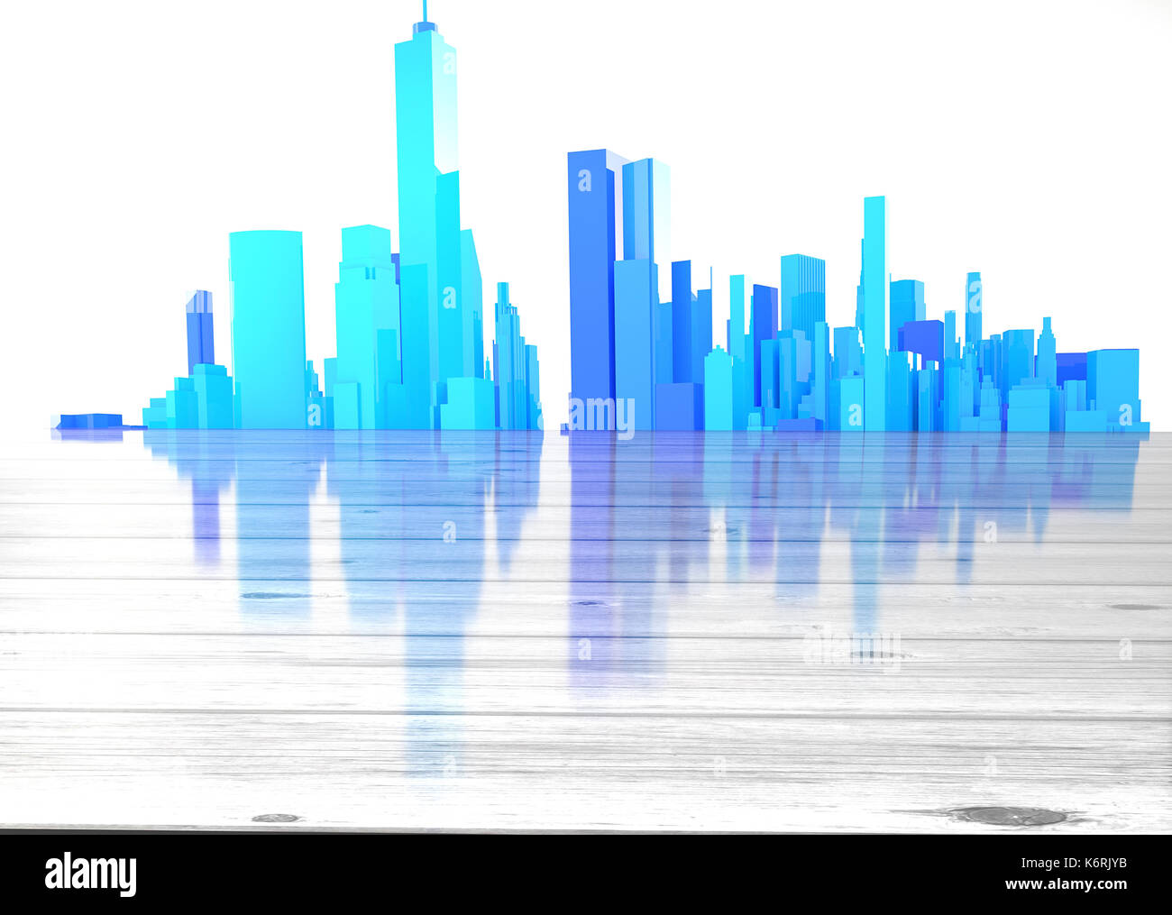 Città blu skyline con lucido in primo piano in legno Foto Stock