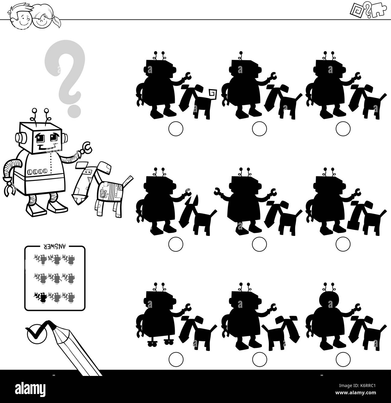 Bianco e nero cartoon illustrazione di trovare l'ombra senza differenze di attività educative per i bambini con due caratteri robotico colorazione Illustrazione Vettoriale