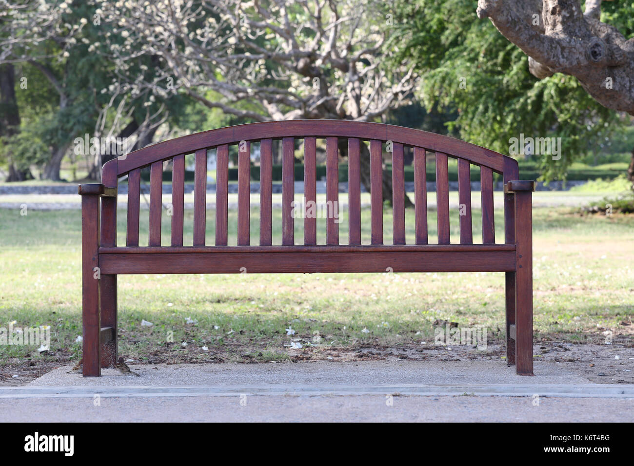 Vuota la sedia in legno o legno vecchio banco in giardino per il concetto di rilassamento e di vacuità. Foto Stock