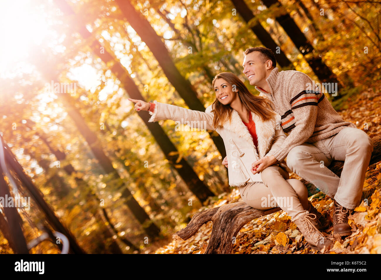 Bella coppia sorridente godendo nella soleggiata foresta in autunno colori. Foto Stock