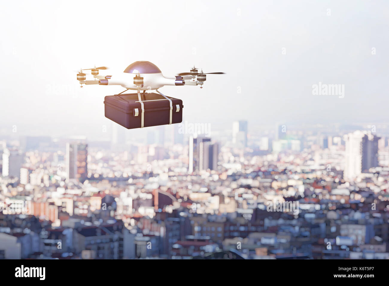 Consegna drone sulla città 3d rendering immagine Foto Stock
