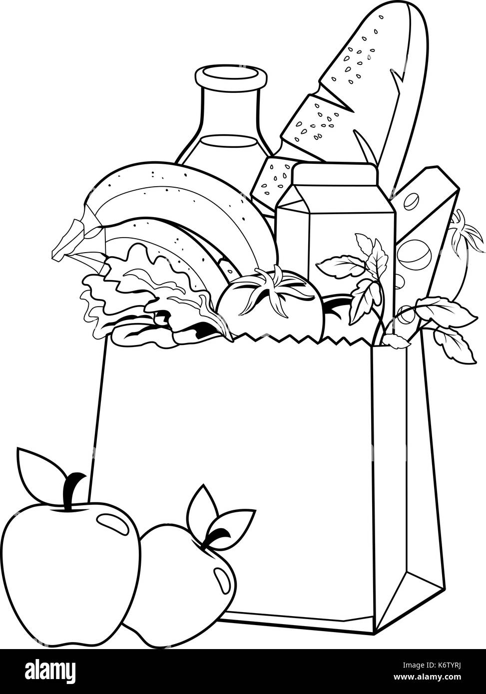 Borsa per la spesa in carta con prodotti alimentari del negozio. Cibo, latticini e frutta in una borsa per la spesa. Supermercato cibo biologico sano. Illustrazione Vettoriale