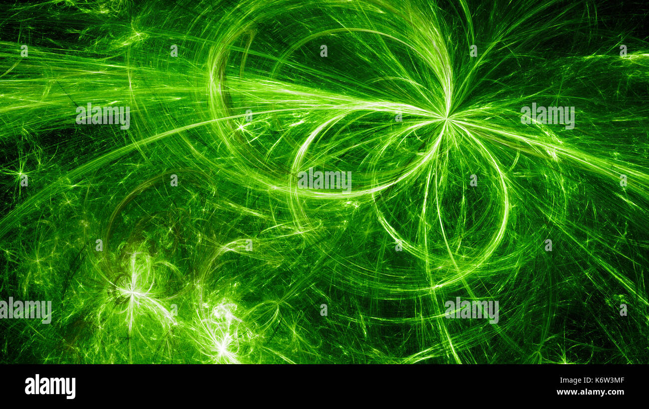 Incandescente verde elettromagnetico campi di plasma nello spazio, generato dal computer sfondo astratto, rendering 3D Foto Stock