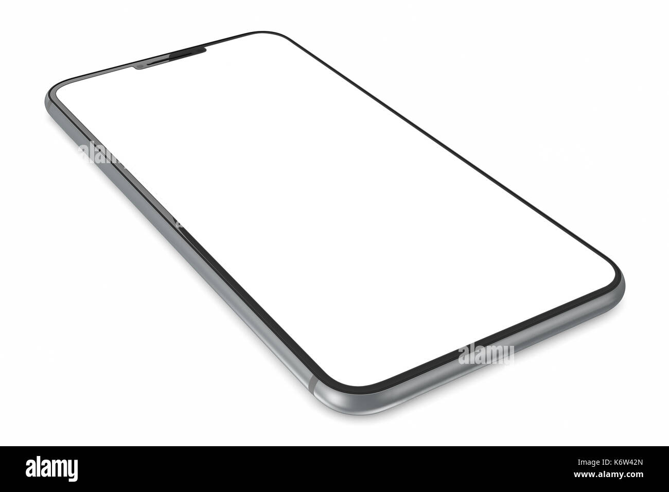 Nuovo smartphone con grande schermo e schermo bianco su sfondo bianco Foto Stock