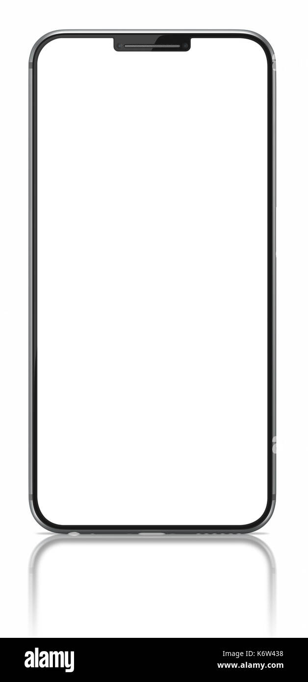 Smartphone con grande schermo e schermo bianco su sfondo bianco Foto Stock