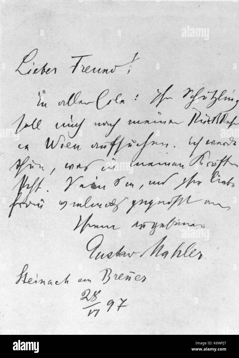 Gustav Mahler - lettera di Foerster, 1897 lettera da Mahler a Foerster , - andare a Vienna e invitante F a unirsi a lui Mahler - Il compositore austriaco, 1860-1911 Foto Stock