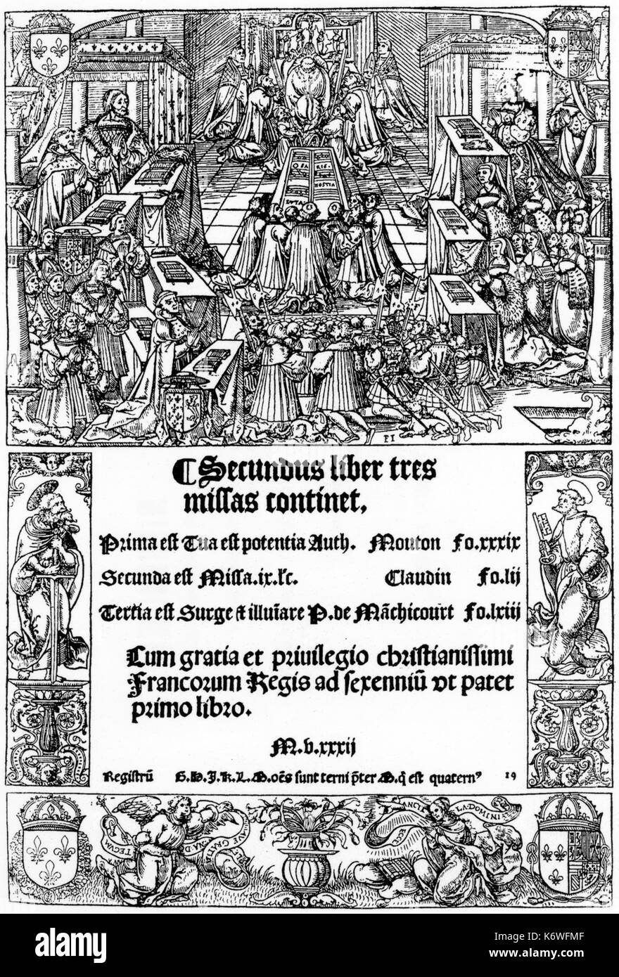 Pierre ATTAIGNANT - 2° libro di masse, 1532. Titlepage. Mostra la Messa che si celebra nella chiesa. Coro di canto dei monaci. Congregazione del canto. contiene opere di Mouton, MACHICOURT, CLAUDIN de SERMISY Foto Stock