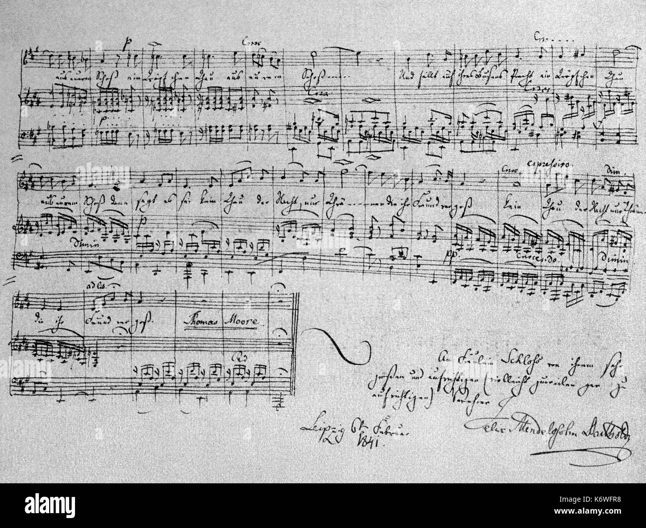 Felix Mendelssohn 's Der Blumenkranz - Punteggio di autografi del brano per voce e pianoforte " Un Celias Baum in stiller Nacht" (Thomas Moore) Leipzig, 6 febbraio, 1841. Compositore tedesco, 3 febbraio 1809 - 4 novembre 1847. Foto Stock