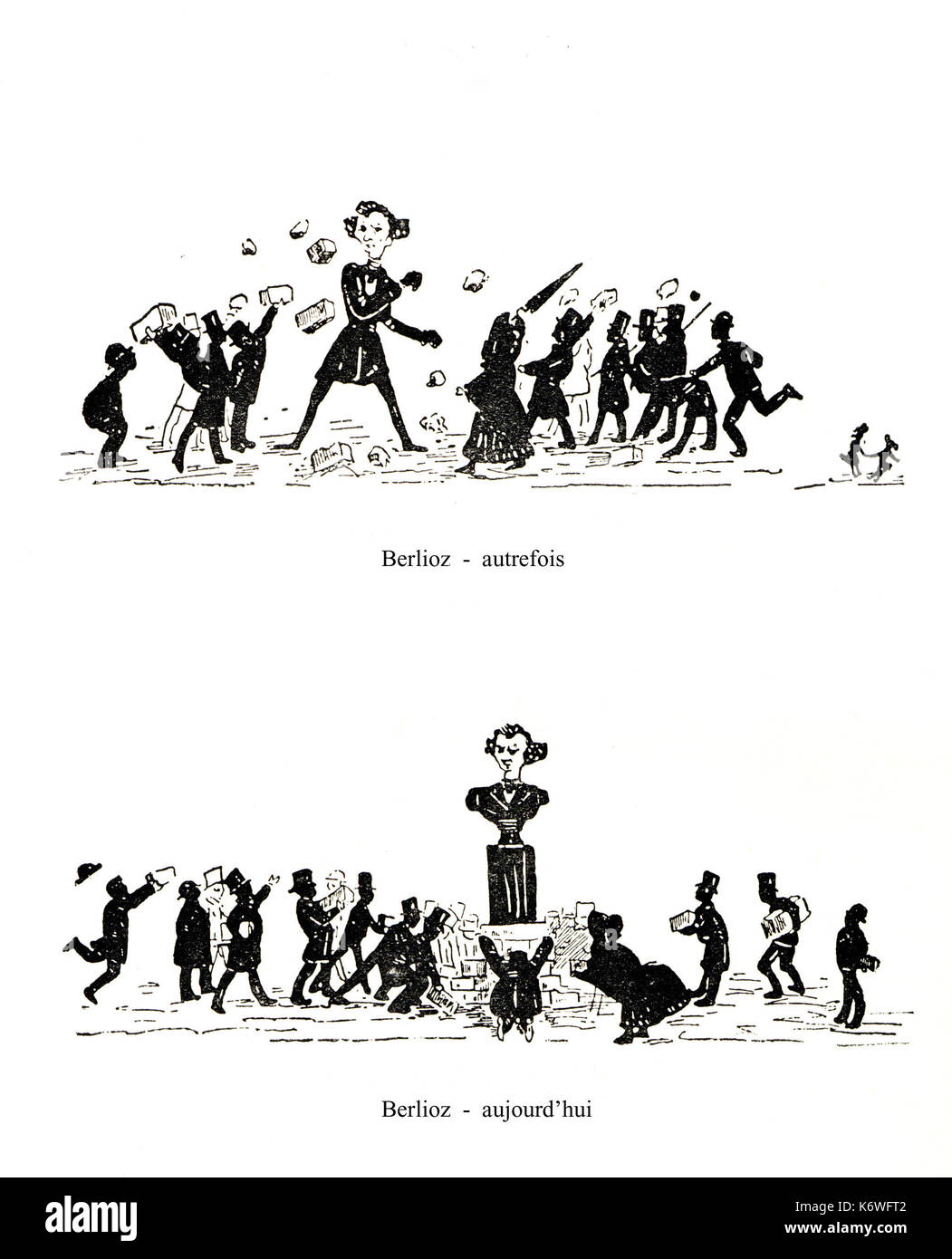 Hector Berlioz con due didascalie 'Autrefois',' in passato' e 'Aujourd'hui', (precedentemente B ha ricevuto il disprezzo e oggi solo venerazione) da Figaro, 3 Marzo 1883 da M. Marais. Il compositore francese (1803-1869). Foto Stock