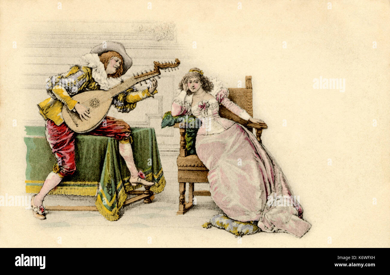 Un musicista nel XVII secolo serendaing costume donna seduta con tiorba Foto Stock