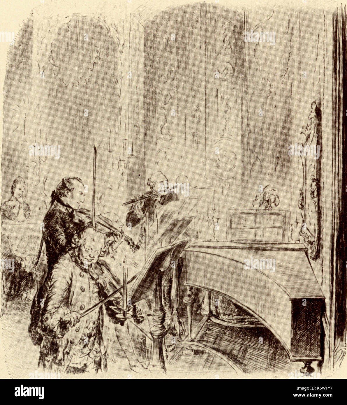 Federico il Grande - concerto serale presso il re Federico il palazzo a Potsdam. BENDA e il principe ereditario di Brunswick come violinisti. Da Adolph Menzel. Foto Stock
