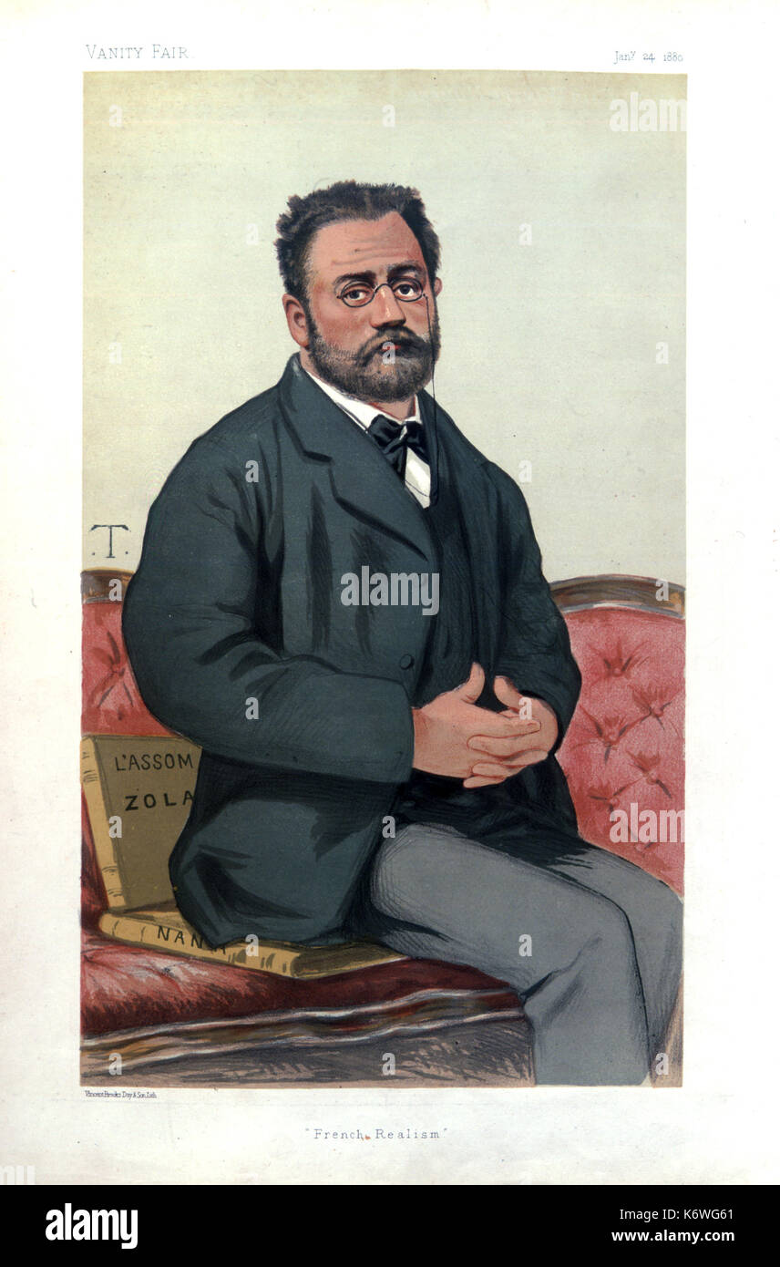 ZOLA, Emile - caricatura da 'T' da Vanity Fair 24 gennaio 1880. Didascalia:"realismo francese' romanziere francese 1840-1902 Foto Stock