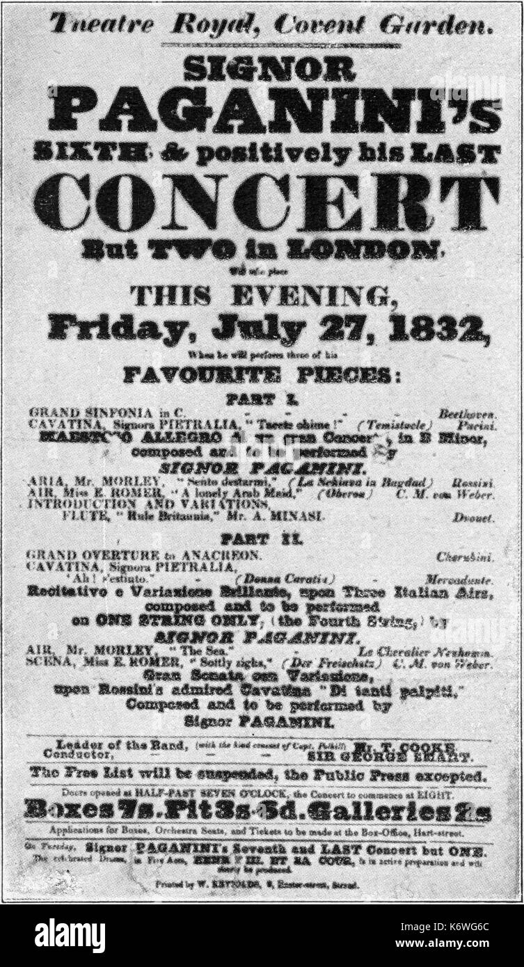 PAGANINI Londer poster concerto 31 luglio,1832 al Theatre Royal di Covent Garden. La musica di Mozart, Haydn, Weber e Paganini stesso. Niccolò Paganini 1782-1840.Italiano violinista e compositore Foto Stock