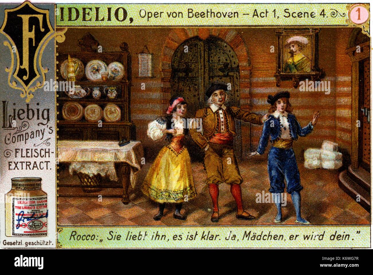 BEETHOVEN - FIDELIO - Atto I, scena iv illustrazione di Rocco's aria, 'Sie liebt ihn, es ist klar. Ja Mädchen, er wird dein' annuncio per il Liebig estratto di carne, fine 19thC. Ludwig van Beethoven. Foto Stock