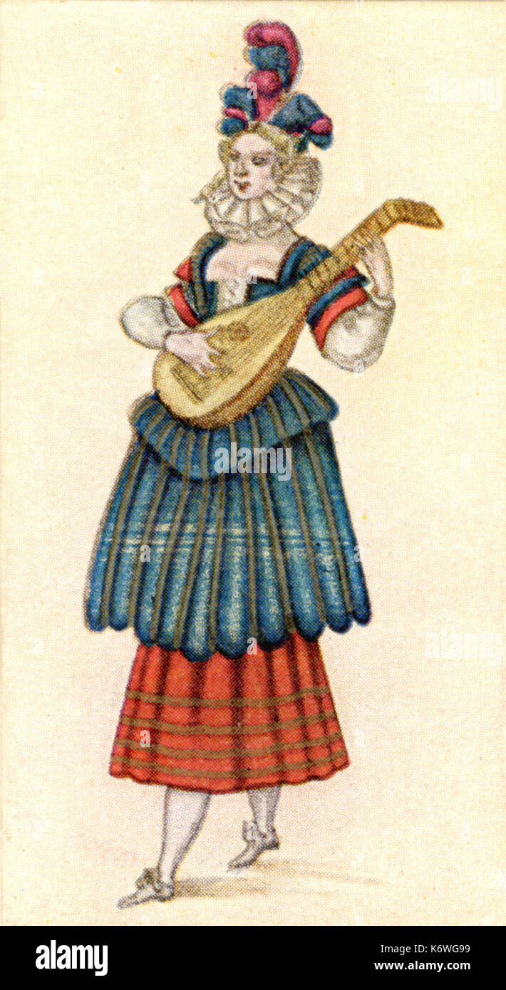 Francesi del XVII secolo il disegno del musicista femmina in masque costume, che suona il liuto. Foto Stock