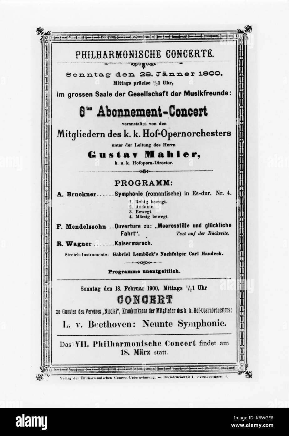 Gustav Mahler - Il programma di concerti, Vienna, 28/1/1900 Concerto di musiche di Bruckner, Mendelssohn & Wagner - condotta da Mahler compositore austriaco, 1860-1911 Foto Stock