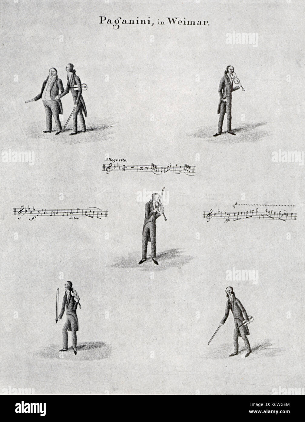 PAGANINI a Weimar - caricatura del violinista e compositore Niccolò Paganini azienda / suonare il violino. Anche i punteggi. Il violinista italiano 27 Ottobre 1782 - 27 Maggio 1840 Foto Stock