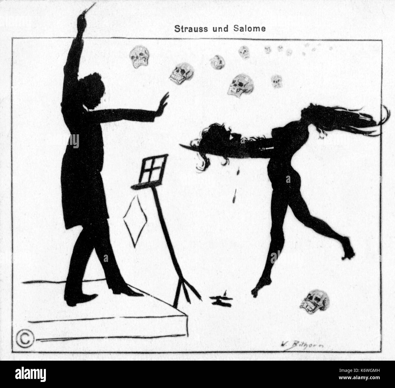 La caricatura di Richard Strauss e Salome silhouette Strauss in conduzione e Salome lo porta in testa su una piastra.. Teschi. Foto Stock