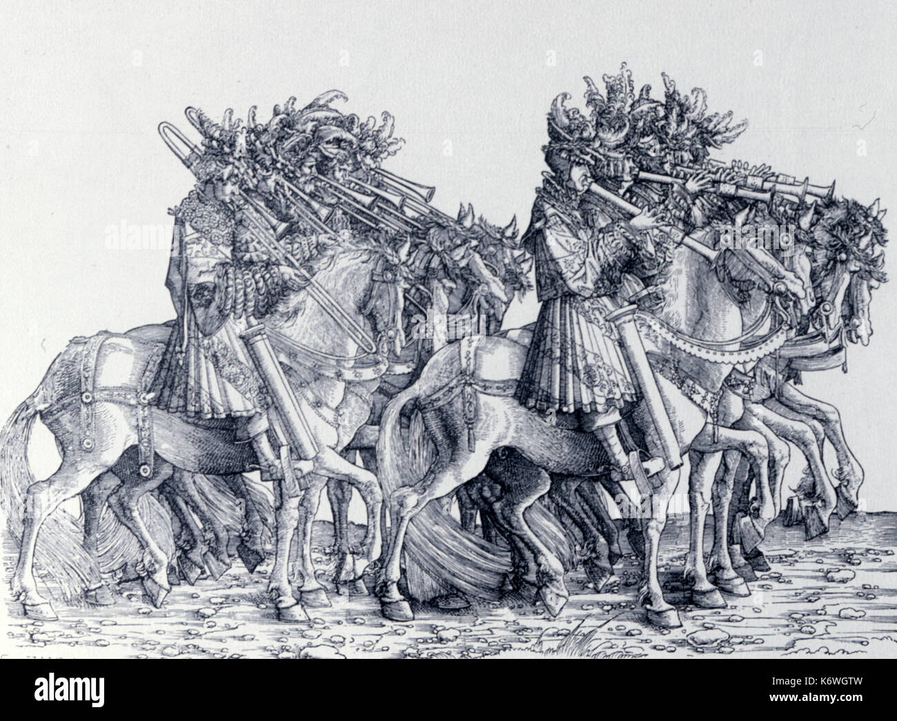 Trionfo di Massimiliano, c1516 - sackbuts & bombarda il trionfo di Massimiliano, c1516. Dettaglio mostrante i musicisti a cavallo giocando Sackbut (inizio trombone) e bombarda. L'artista- Hans Burgkmair(1473-1531). Processione Foto Stock