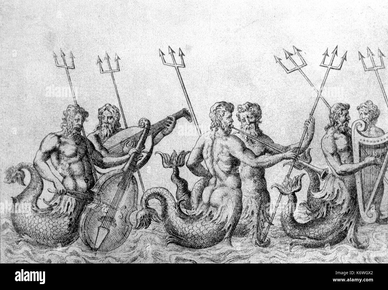"L'Orchestra di tritoni'. Tritons giocando vioi, liuto, tromba, arpa. Da Nettuno Beaujoyeulx - Balet Comique de la Royne, Parigi, 1582, - chiamato anche Belgioioso. Periodo rinascimentale Foto Stock