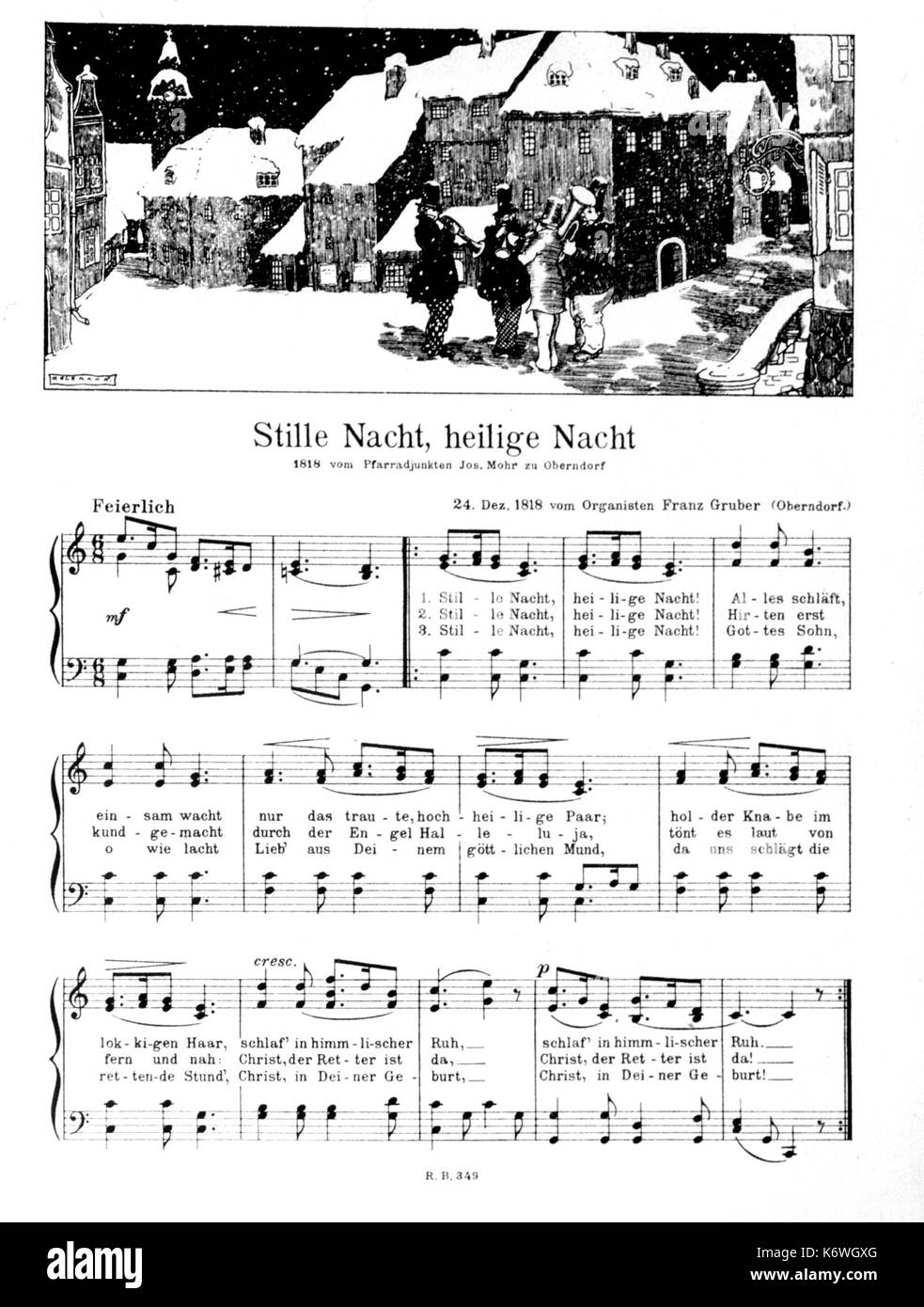 Xmas Carol. Stille Nacht, Heilige Nacht Franz Gruber 24 Dic 1818. (Silent Night) parole e musica da Weihnacht's Sang und Klang. Parole e punteggio Foto Stock
