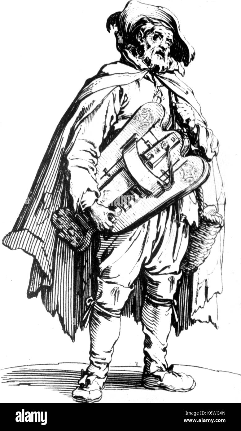 Ghironda player (musicista itinerante) da J. Callot (1592-1638). Foto Stock