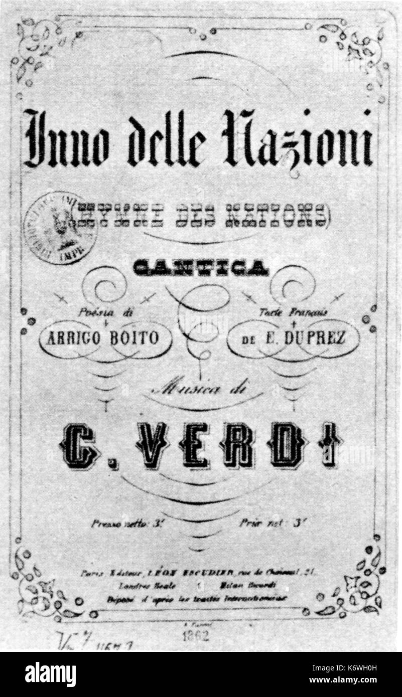VERDI, G. Titlepage dell Inno delle Nazioni (Inno della nazione)- scritto in 1862 per Londn International Exhibition & Verdi ha rappresentato l'Italia - le parole di Arrigo Boito Foto Stock
