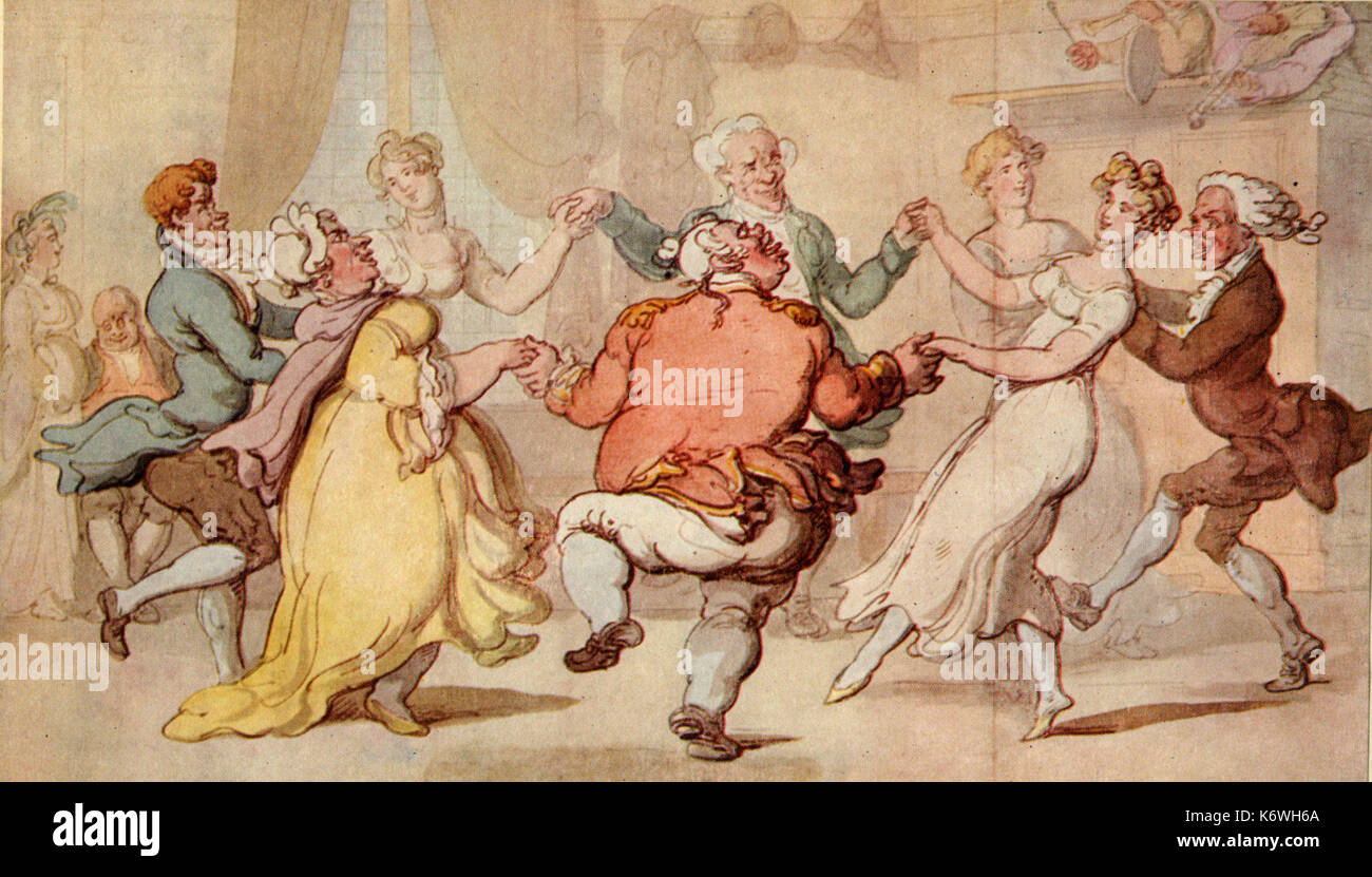 Xviii secolo round scena dance dopo la verniciatura da artista inglese Thomas Rowlandson. Gioiosa e festosa. (1756-1827). Foto Stock