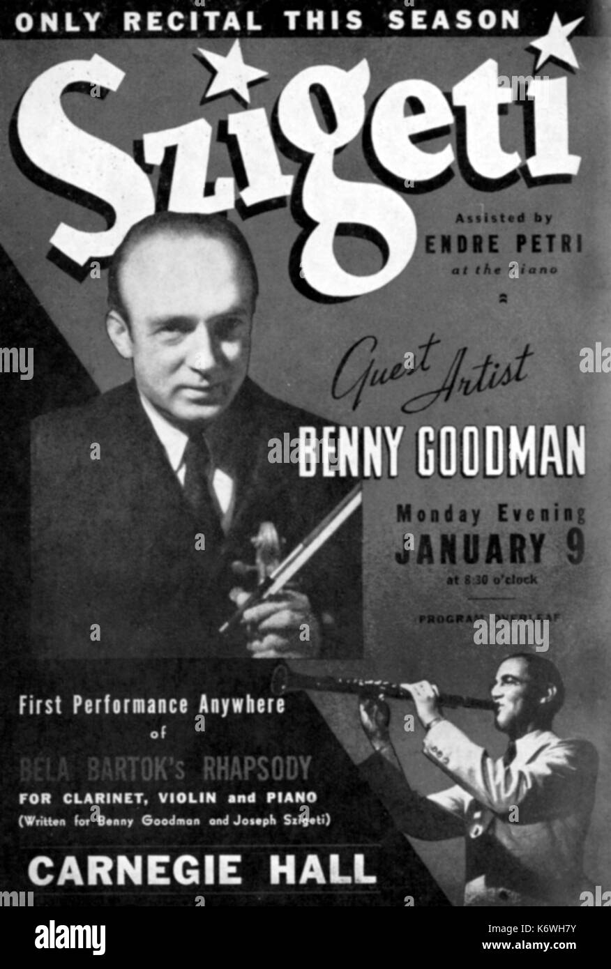 Joseph Szigeti esecuzione di brani di Bartok 's - 'RHAPSODY' (in seguito chiamato contrasti) con Benny Goodman. Poster concerto annunciando le prestazioni, 9 gennaio 1939, presso la Carnegie Hall ungherese compositore e pianista, 1881-1945 Foto Stock