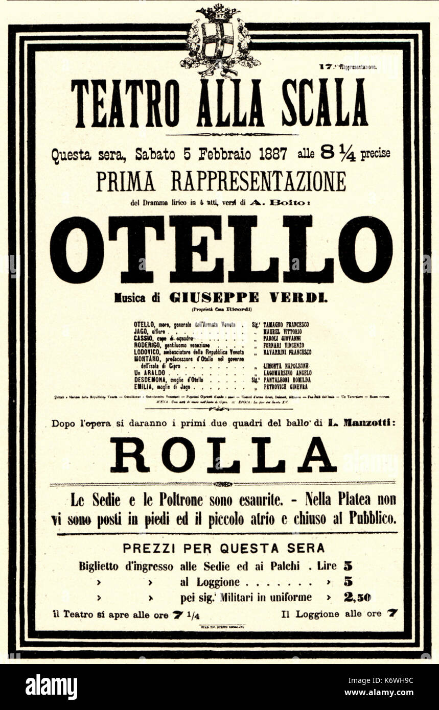 VERDI LE Otello premiere poster per la performance al Teatro alla Scala di  Milano, in data 5 febbraio, 1887. Compositore italiano (1813-1901). Basato  sulla commedia di Shakespeare Otello Foto stock - Alamy