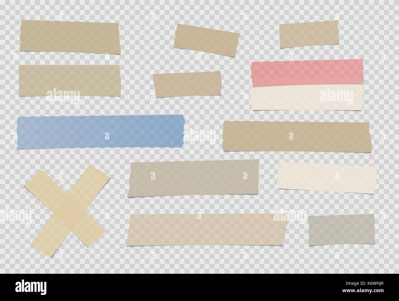 Brown e colorati di diversa dimensione adesivo, nastro adesivo, pezzi di carta su sfondo quadrato. Illustrazione Vettoriale