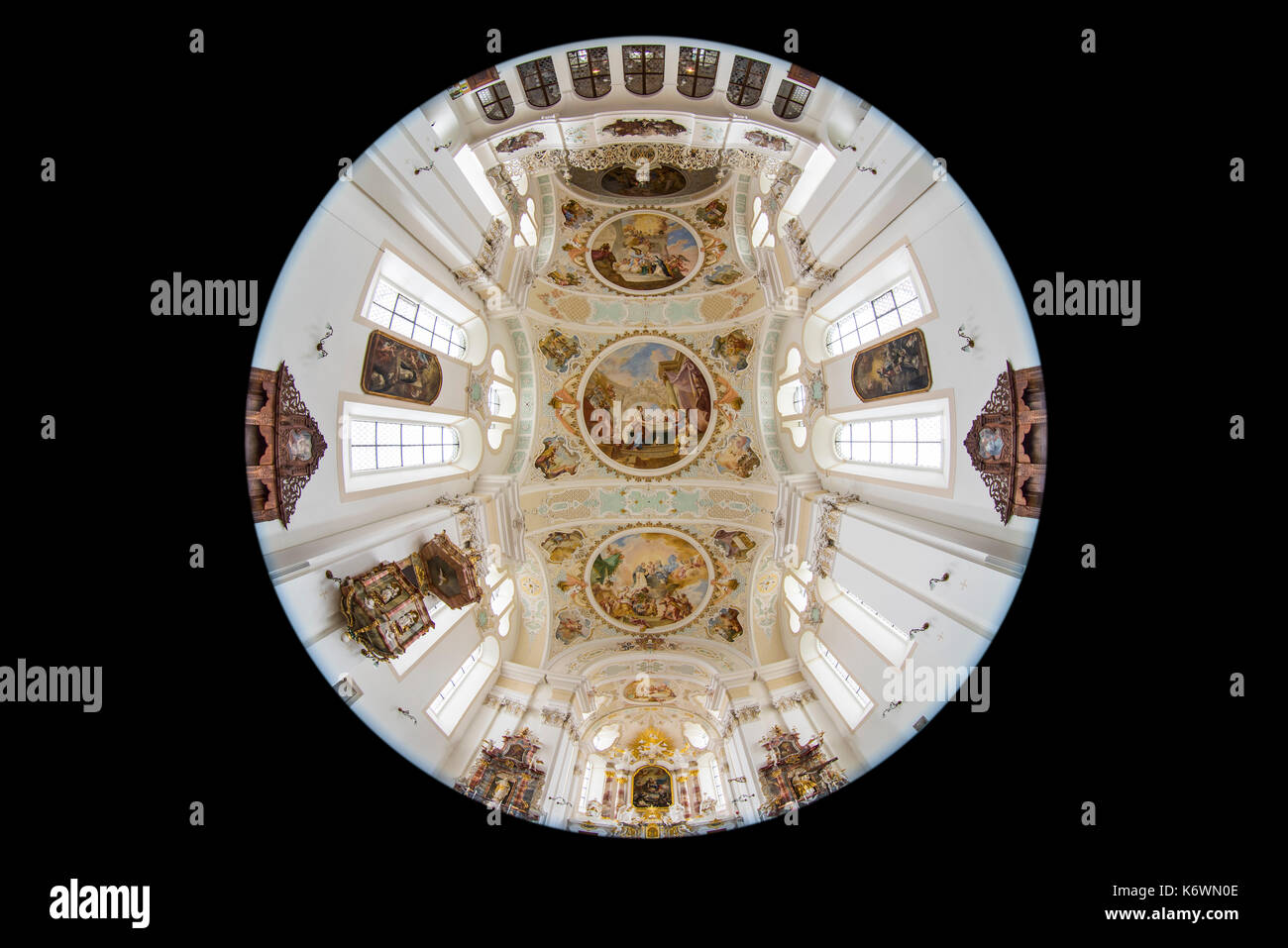 Affreschi del soffitto, chiesa del monastero e chiesa parrocchiale di San Markus, monastero Sießen, Bad Saulgau, Baden-Württemberg, Germania Foto Stock
