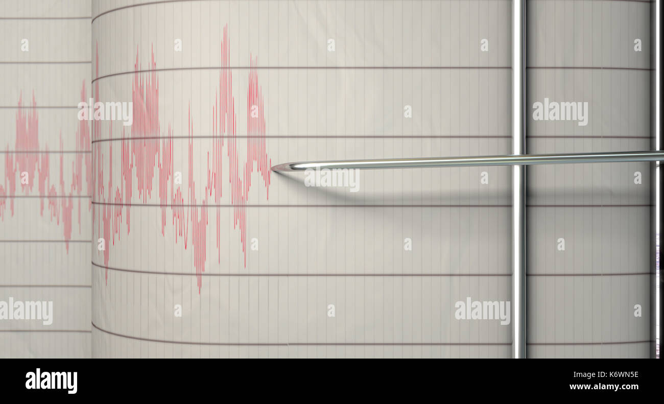 Un primo piano di un sismografo ago della macchina il disegno di una linea rossa sul grafico raffigurante la carta sismica e attività sismica - 3D render Foto Stock