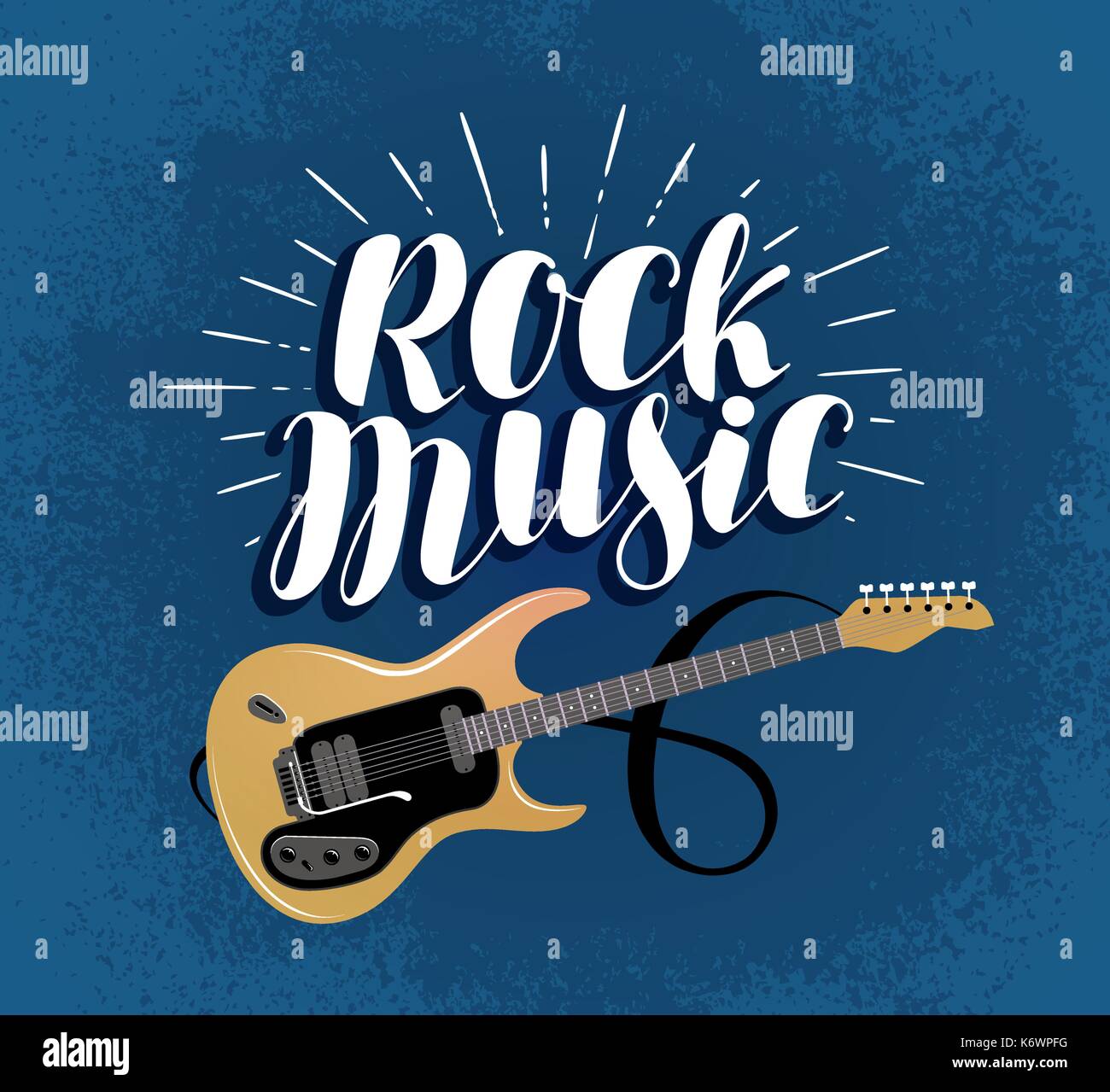 La musica rock, banner. guitar, strumento musicale concetto. lettering illustrazione vettoriale Illustrazione Vettoriale