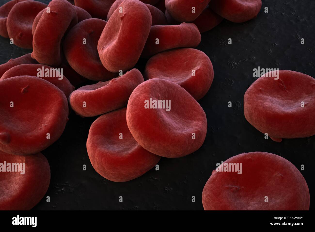 Extreme close-up di ossigenati di globuli rossi (eritrociti) accatastate, SEM (microscopio elettronico a scansione) falso ricco di color rosso rappresentazione stilizzata. Foto Stock