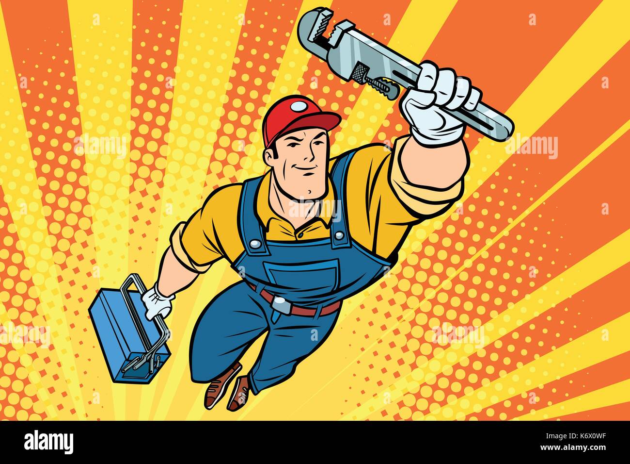 Il supereroe maschio idraulico con una chiave. disegnati a mano illustrazione cartoon arte pop retrò stile vettoriale Illustrazione Vettoriale