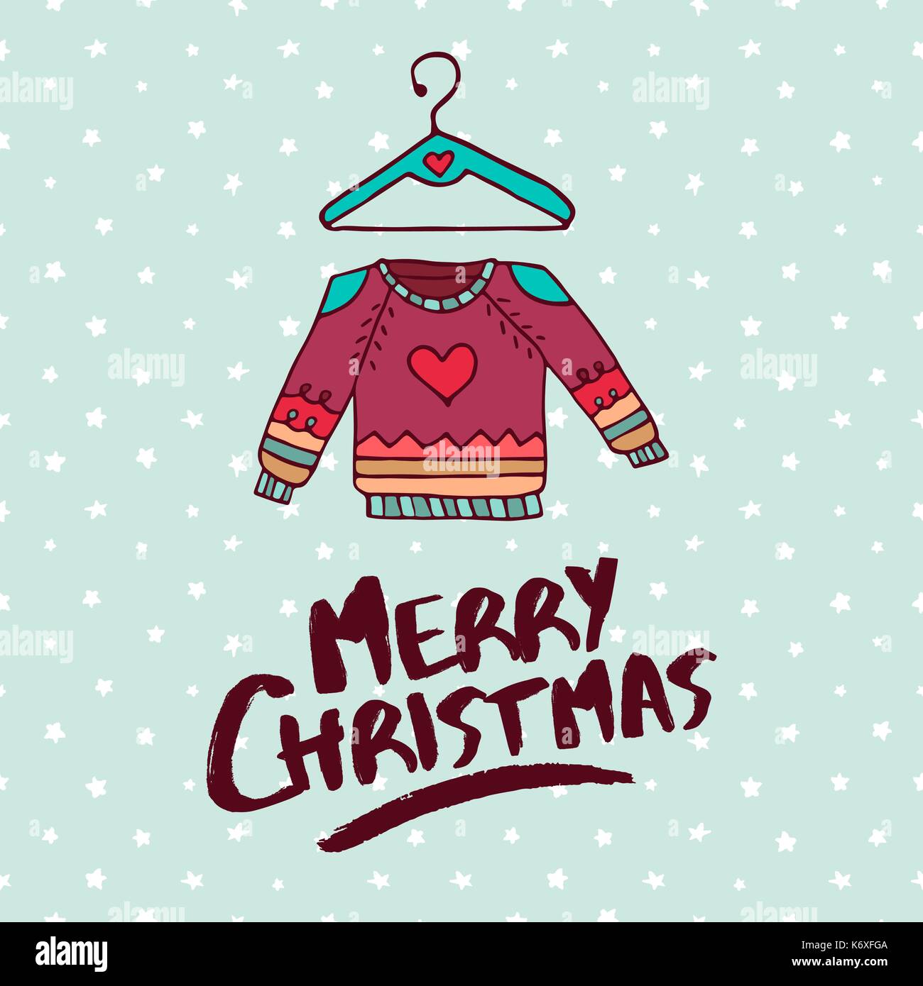 Buon Natale disegnati a mano moda inverno bigliettino. carino pullover brutto maglione con manoscritte tipografia vacanze preventivo. eps10 vettore. Illustrazione Vettoriale