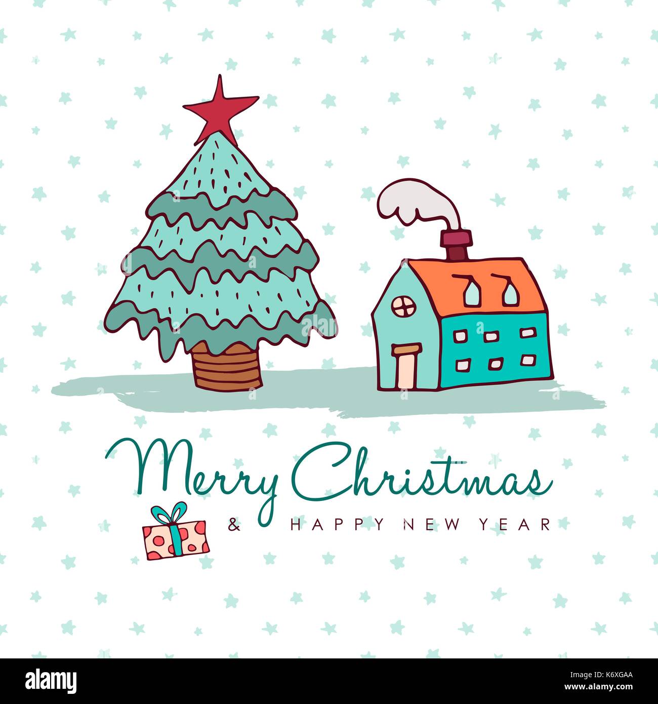 Auguri di Buon Natale felice anno nuovo disegnati a mano bigliettino. carino accogliente winter house con pino e vacanze preventivo tipografia. eps10 vettore. Illustrazione Vettoriale