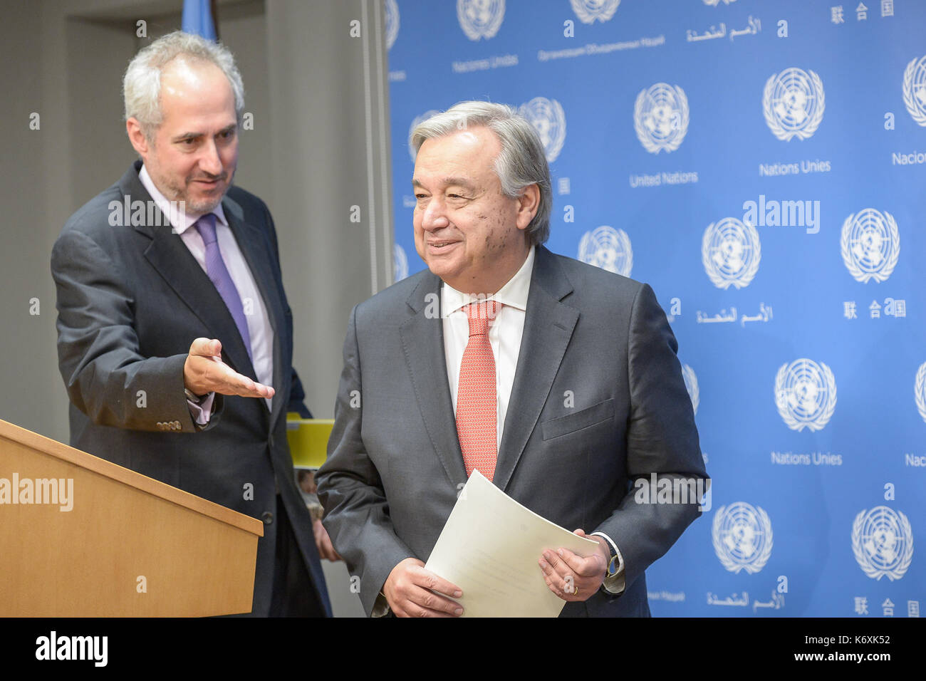 New york, Stati Uniti. Xiii Sep, 2017. nazioni unite il segretario generale Antonio Guterres è visto nel corso di una conferenza stampa presso la sede delle Nazioni unite. Durante il generale press briefing in coincidenza con l'inizio dell'assemblea generale dell'72a sessione, il segretario generale ha parlato di Myanmar, alla Corea del Nord la crisi nucleare iniziative (compresa la parità di genere) che egli spera di attuare una riforma delle Nazioni Unite. Credito: albin lohr-jones/Pacific press/alamy live news Foto Stock