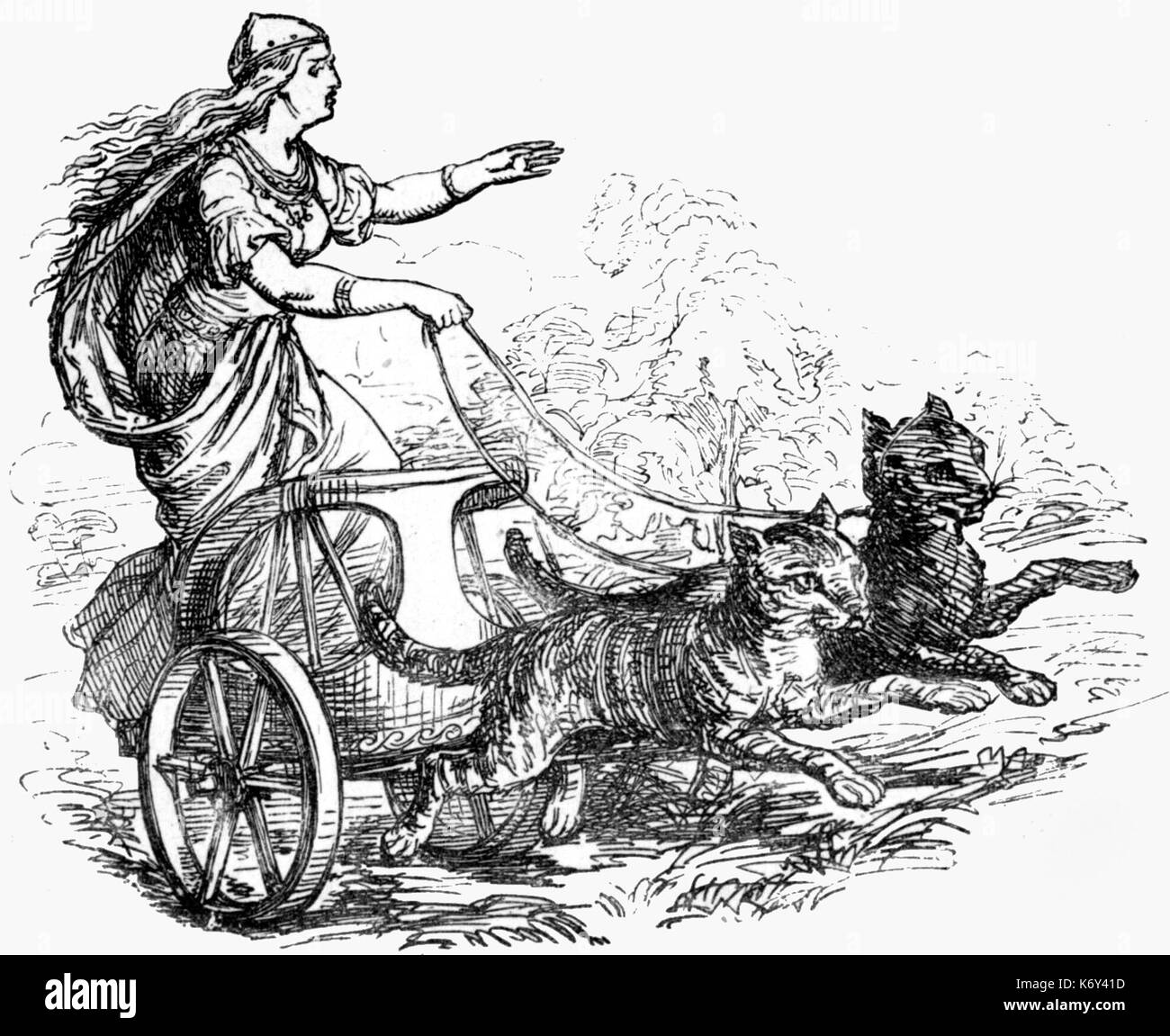 Freyja equitazione con suoi gatti (1874) Foto Stock