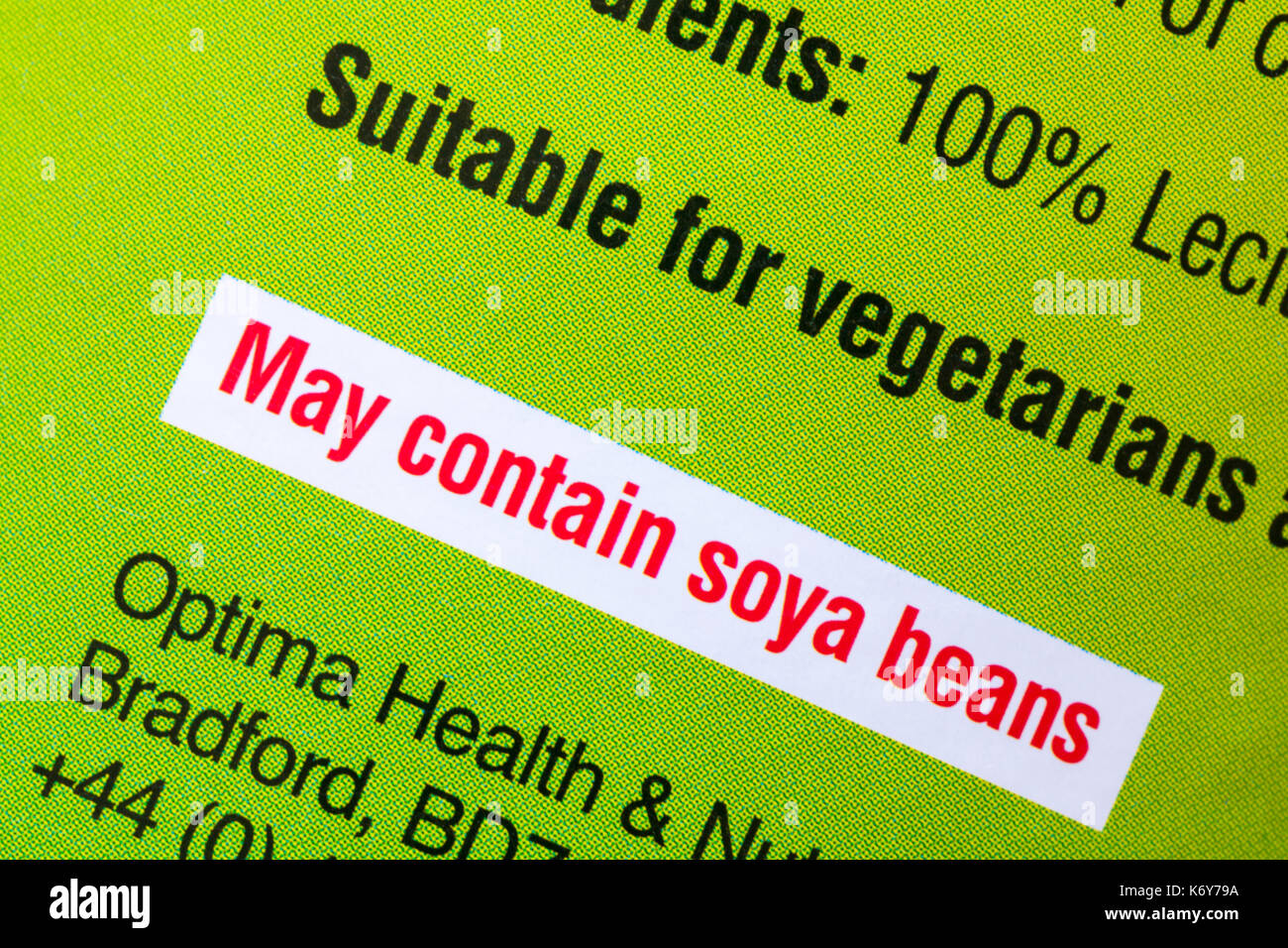 Può contenere soia, adatto per vegetariani e vegani informazioni sulla vasca di Optima 100% pura lecitina in granuli Foto Stock