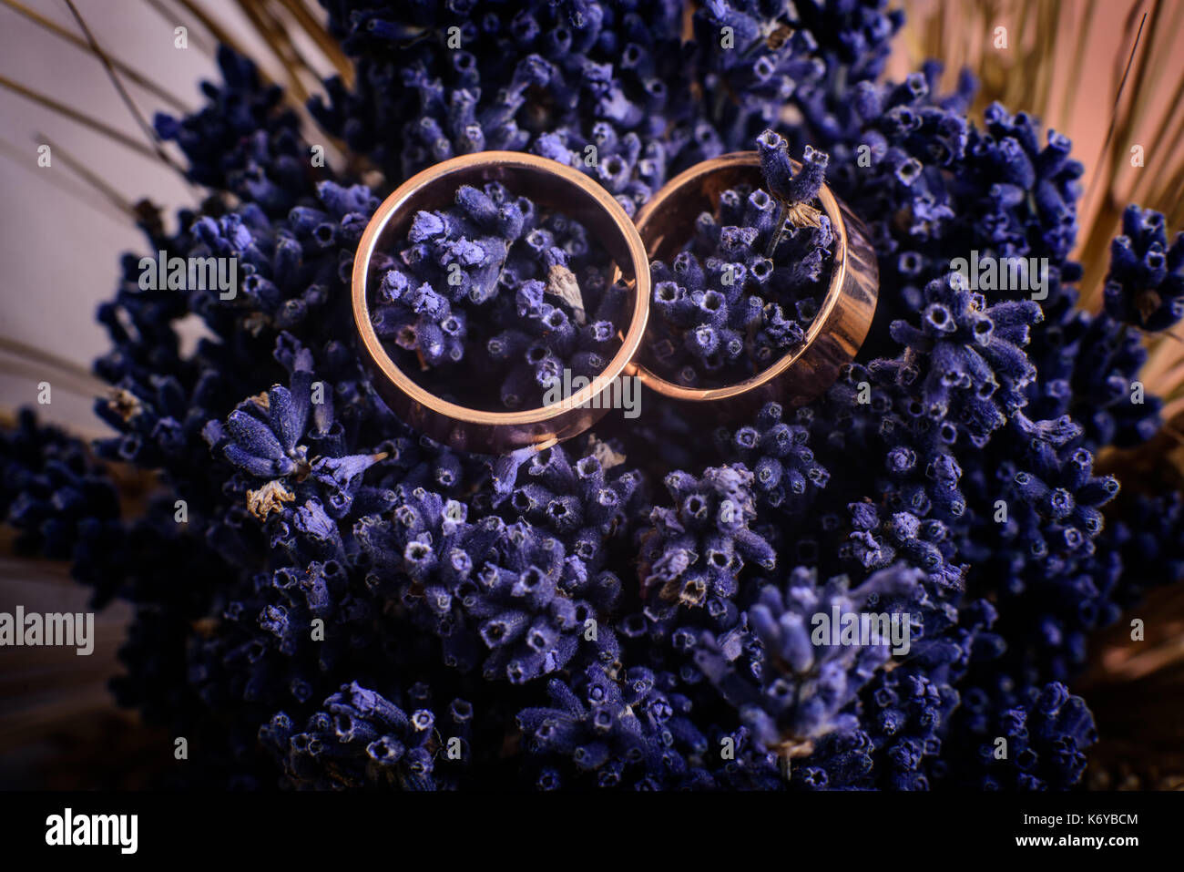 Macro shot di design semplice gli anelli di nozze in bouquet di fiori Foto Stock