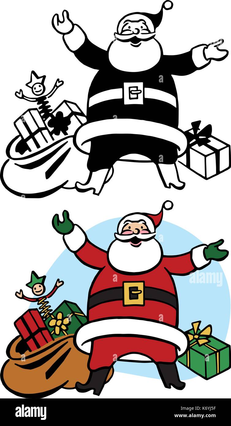 Babbo Natale con la sua borsa di regalo di Natale e giocattoli. Illustrazione Vettoriale