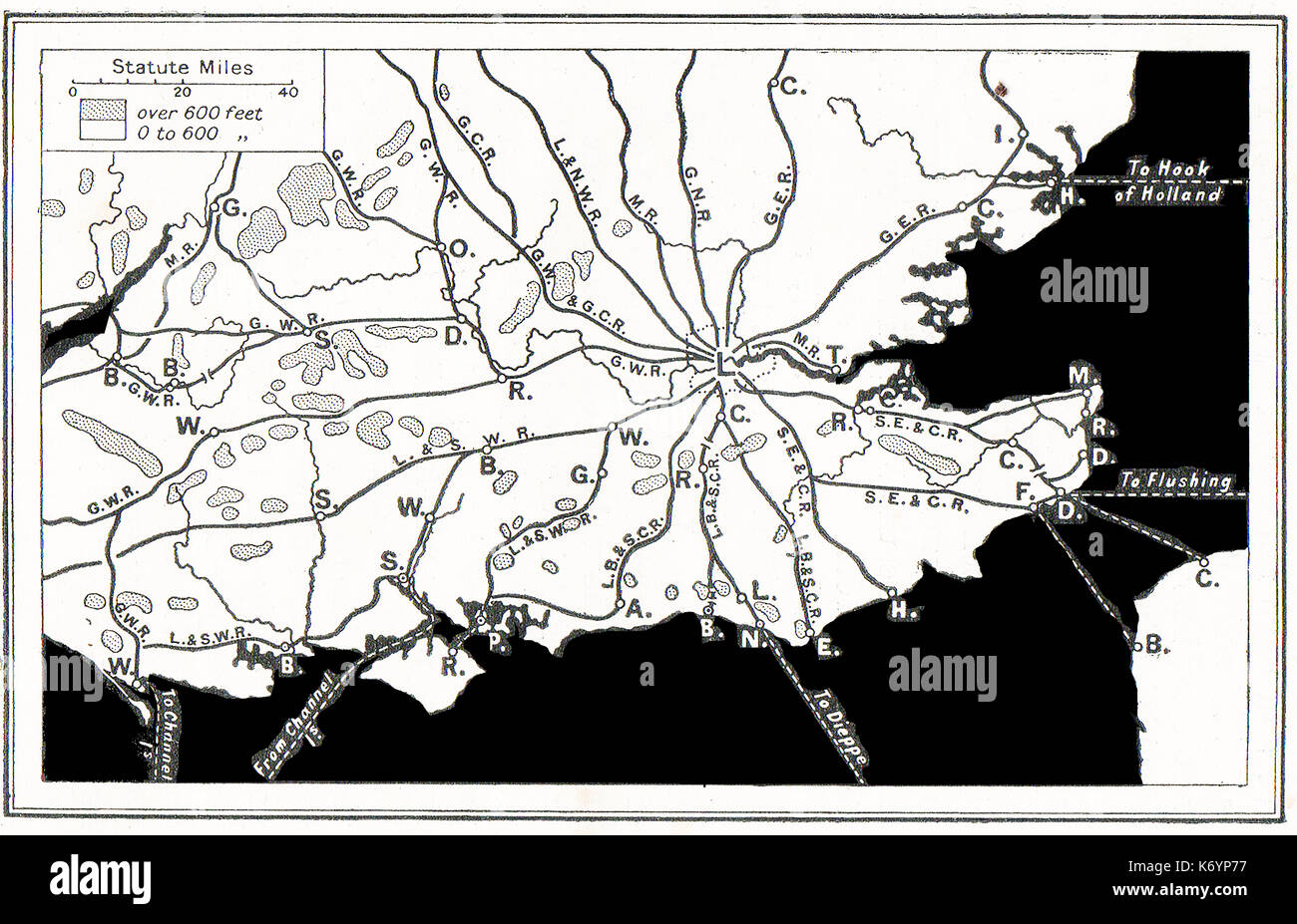 Un 1914 mappa delle ferrovie e le mura della città nella contea di Londra Foto Stock