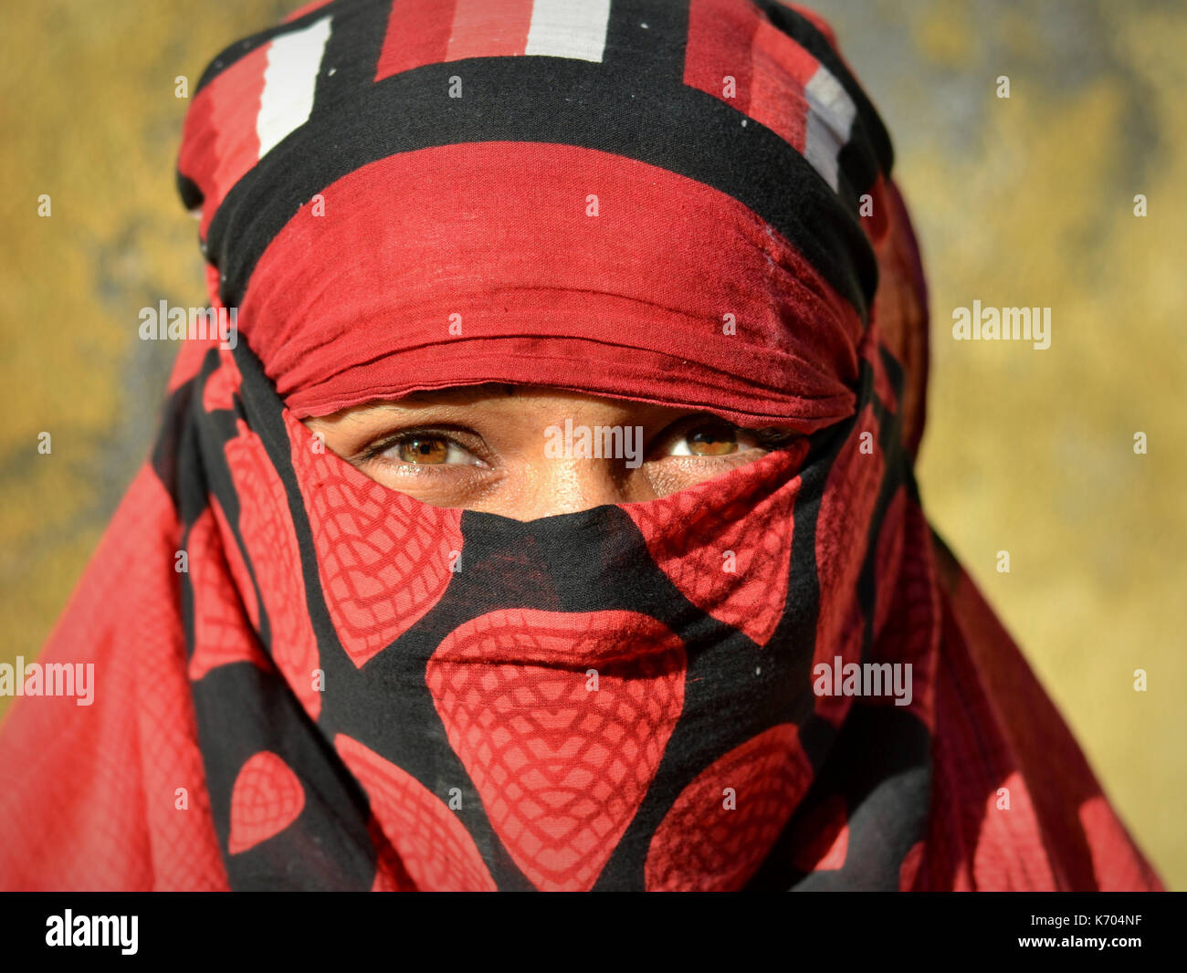 Giovane donna indiana con bellissimi occhi marroni copre i capelli e il viso con un velo rosso e nero alla moda e posa per la macchina fotografica. Foto Stock